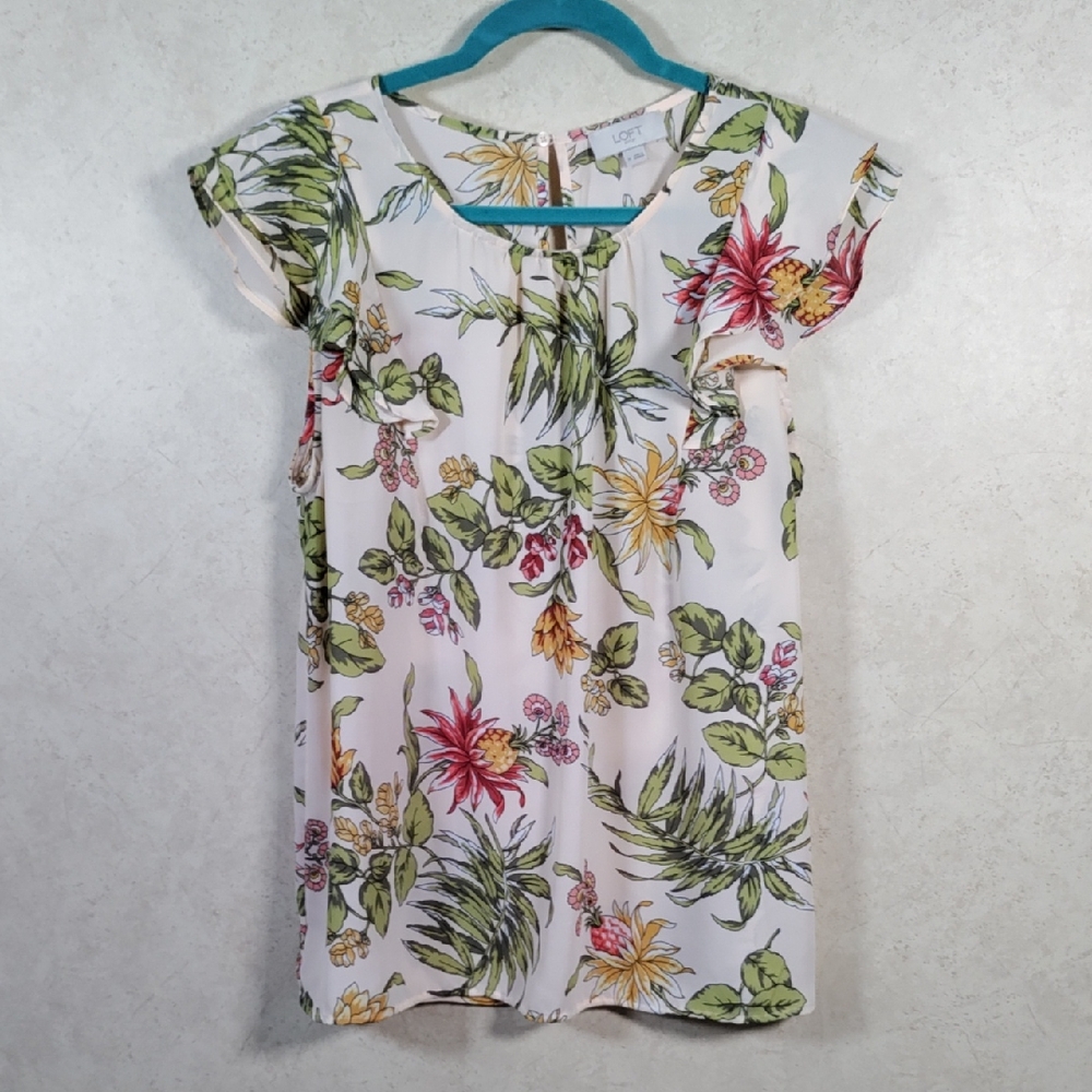 6109 Loft Outlet light peach w/rust & yellow floral print blouse M
